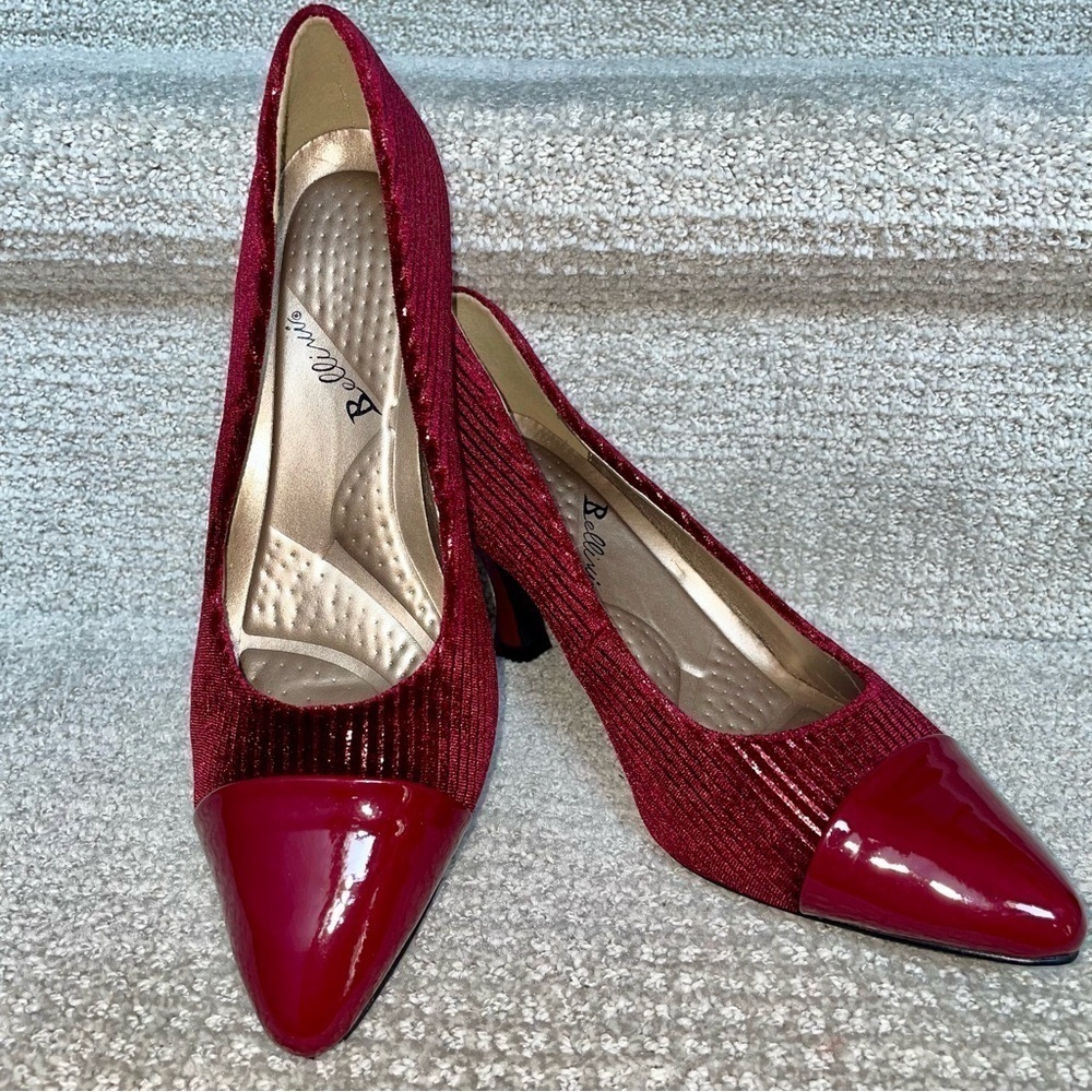 NWOB Bellini Zesty Pump Maroon Red Velvet Metallic Thin Stripe Pointed Toe Pumps